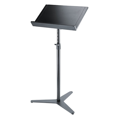 12338 conductor stand on flat three-arm cast base with desk retracted and telescopic height-adjustment clamp, K&M