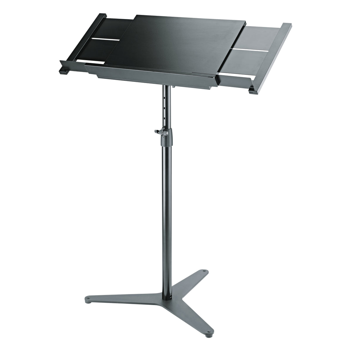 12338 conductor stand on flat three-arm base with desk extended to full width, side extensions and slotted panels visible, K&M