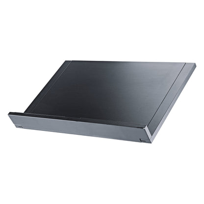 12338 conductor desk plate in compact retracted configuration, brushed black surface with front lip, K&M