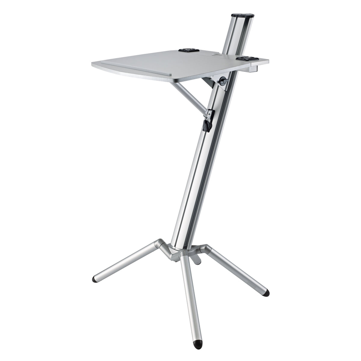 12386 Ovation Pro lectern front three-quarter view with tilted silver desktop, angled aluminium column and tripod legs, K&M