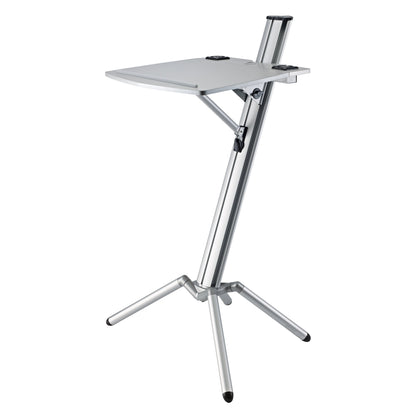 12386 Ovation Pro lectern front three-quarter view with tilted silver desktop, angled aluminium column and tripod legs, K&M