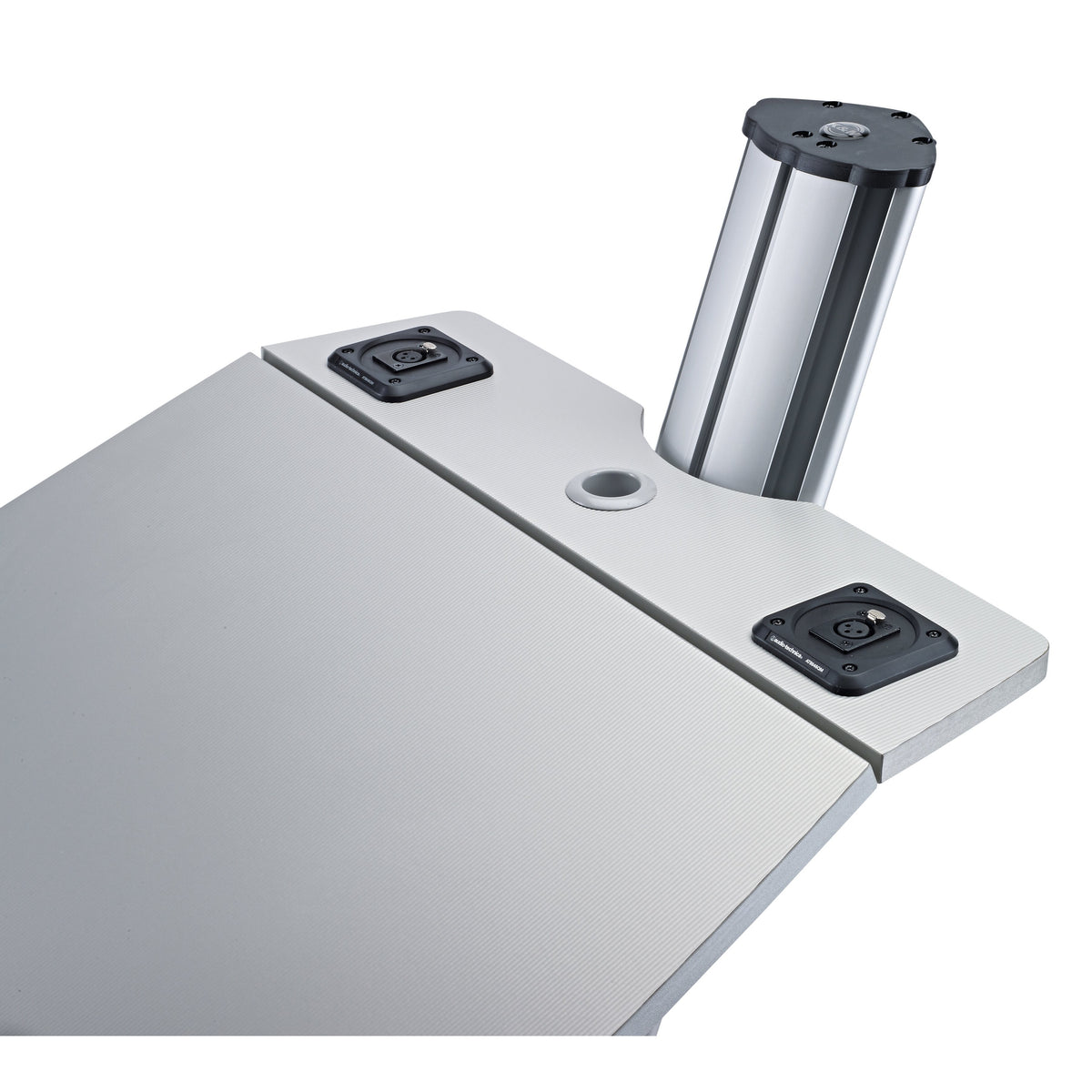 12386 Ovation Pro lectern desktop detail showing two XLR sockets, central cable pass-through and column top cap, K&M