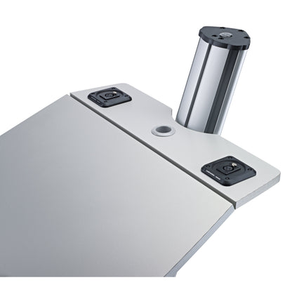 12386 Ovation Pro lectern desktop detail showing two XLR sockets, central cable pass-through and column top cap, K&M