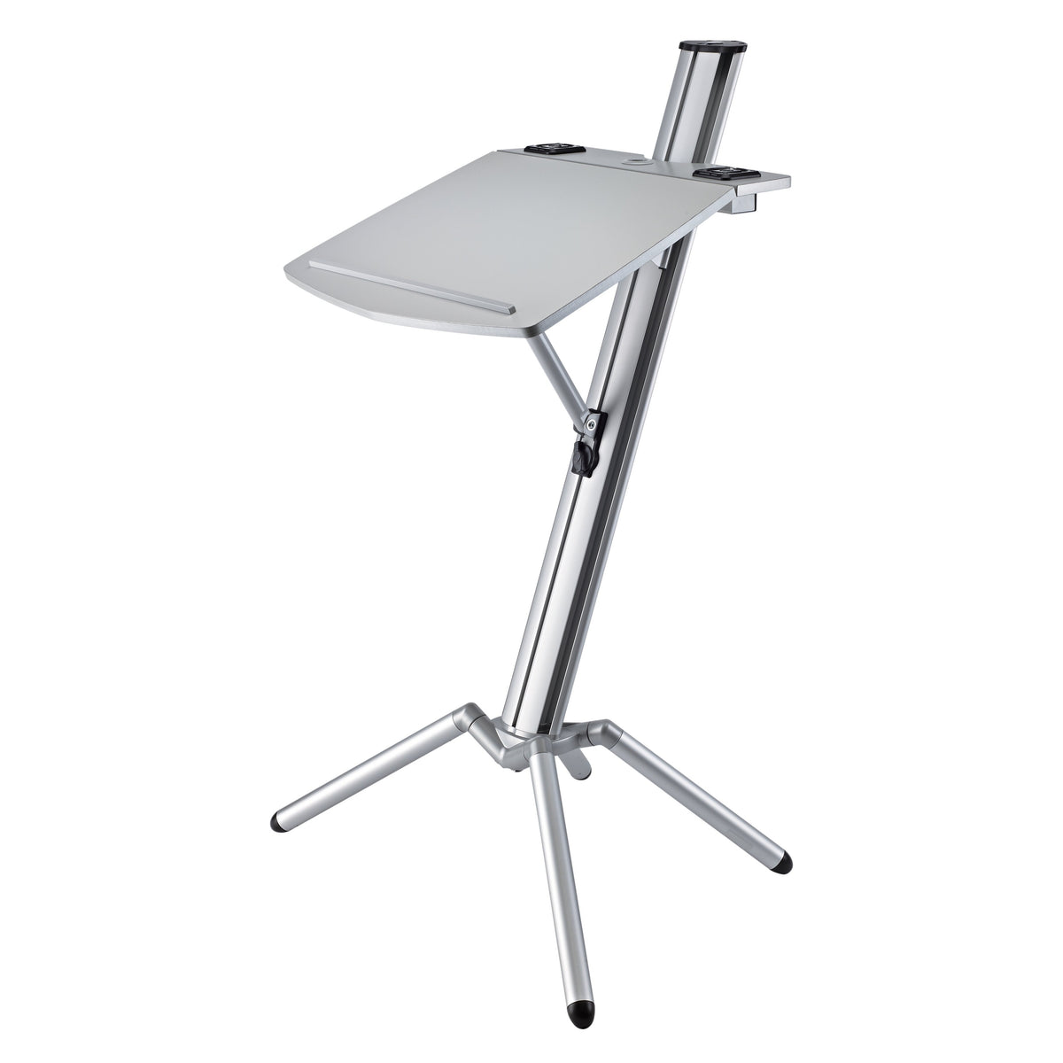 12386 Ovation Pro lectern three-quarter view with desktop raised at a steeper reading angle on its folding support arm, K&M