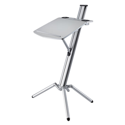 12386 Ovation Pro lectern three-quarter view with desktop raised at a steeper reading angle on its folding support arm, K&M