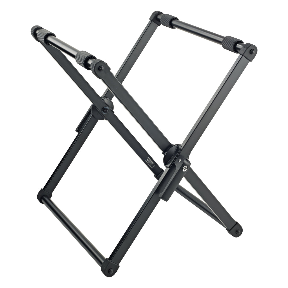 13335 marching and concert drum stand front three-quarter view, opened in X-frame with black tube rails and rubber-sleeved cross bars, K&M