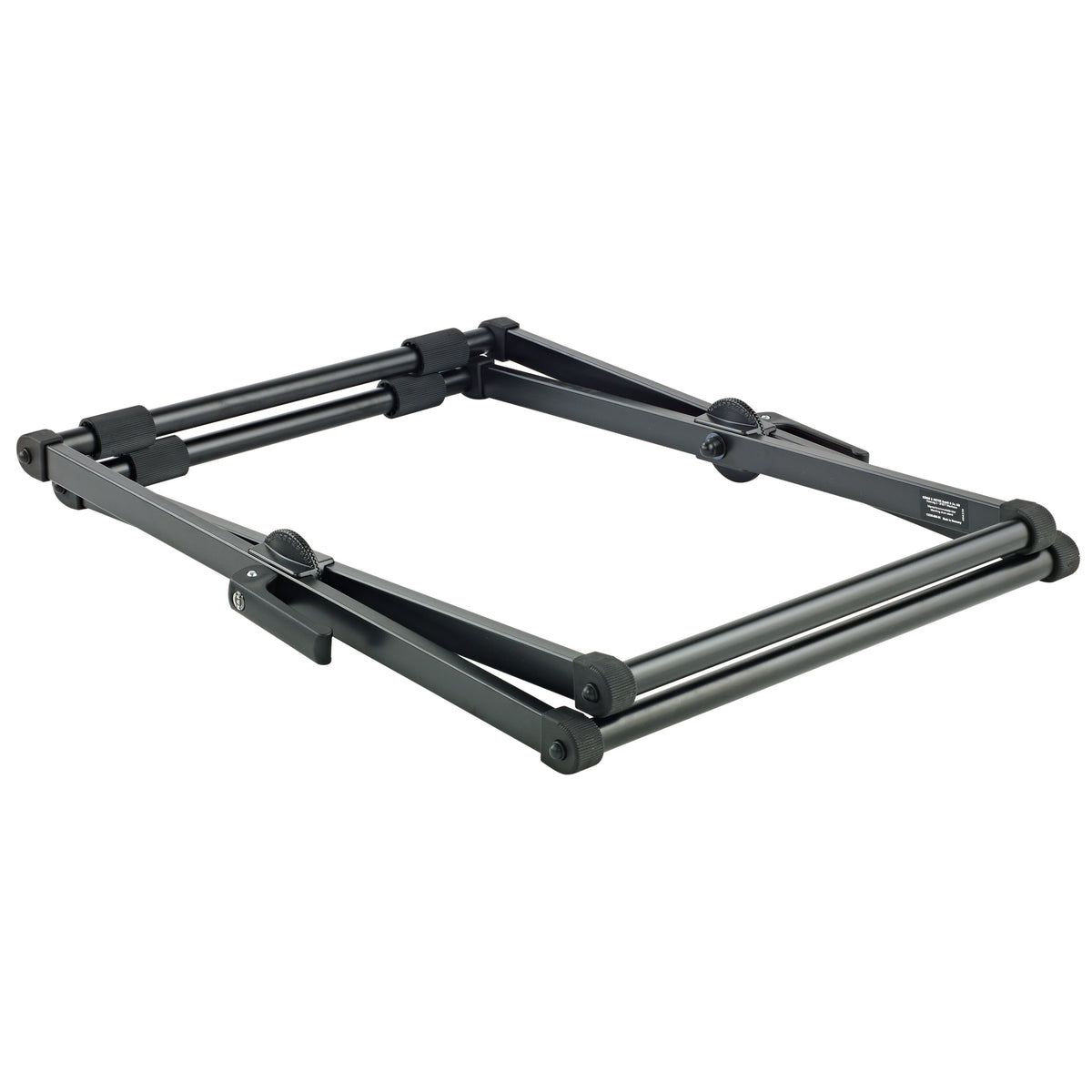 13335 marching and concert drum stand folded flat showing collapsed frame, lock knobs and rubber-gripped rails, K&M