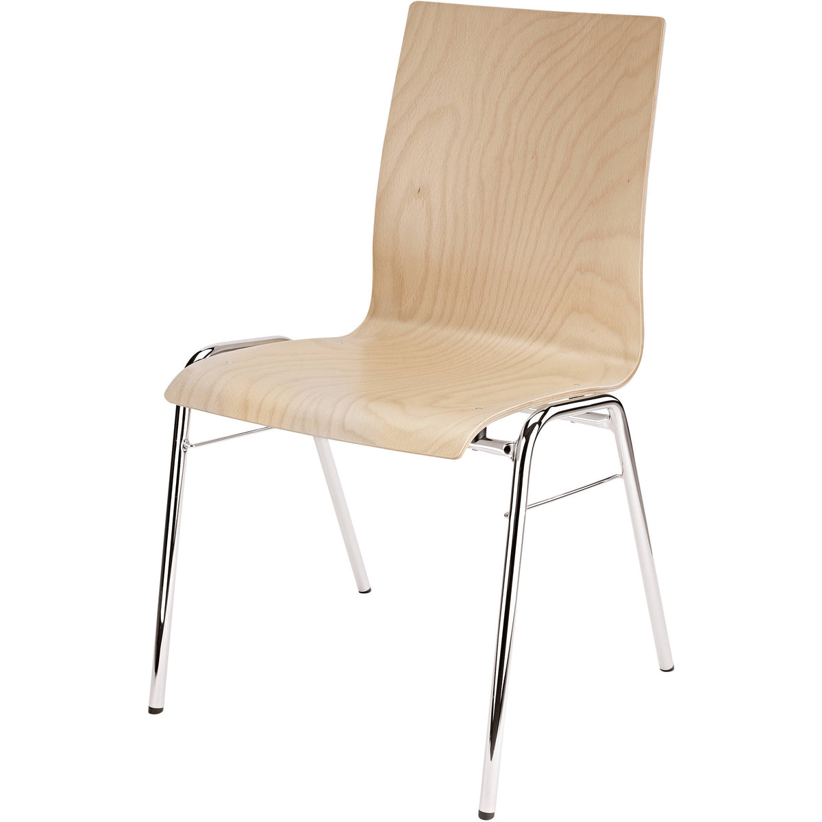KM 13400.000.02 stacking orchestra chair three-quarter view showing contoured natural beech shell and chrome tube frame with stacking glides, K&M