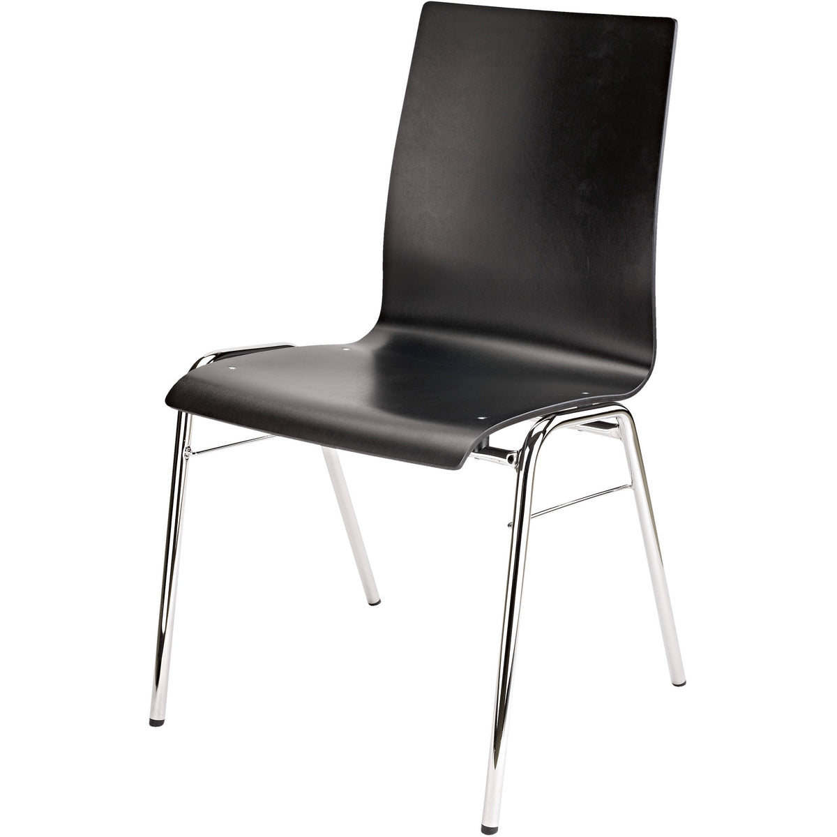 13405 stacking orchestra chair three-quarter view with contoured black beech seat and chrome tubular frame, K&M