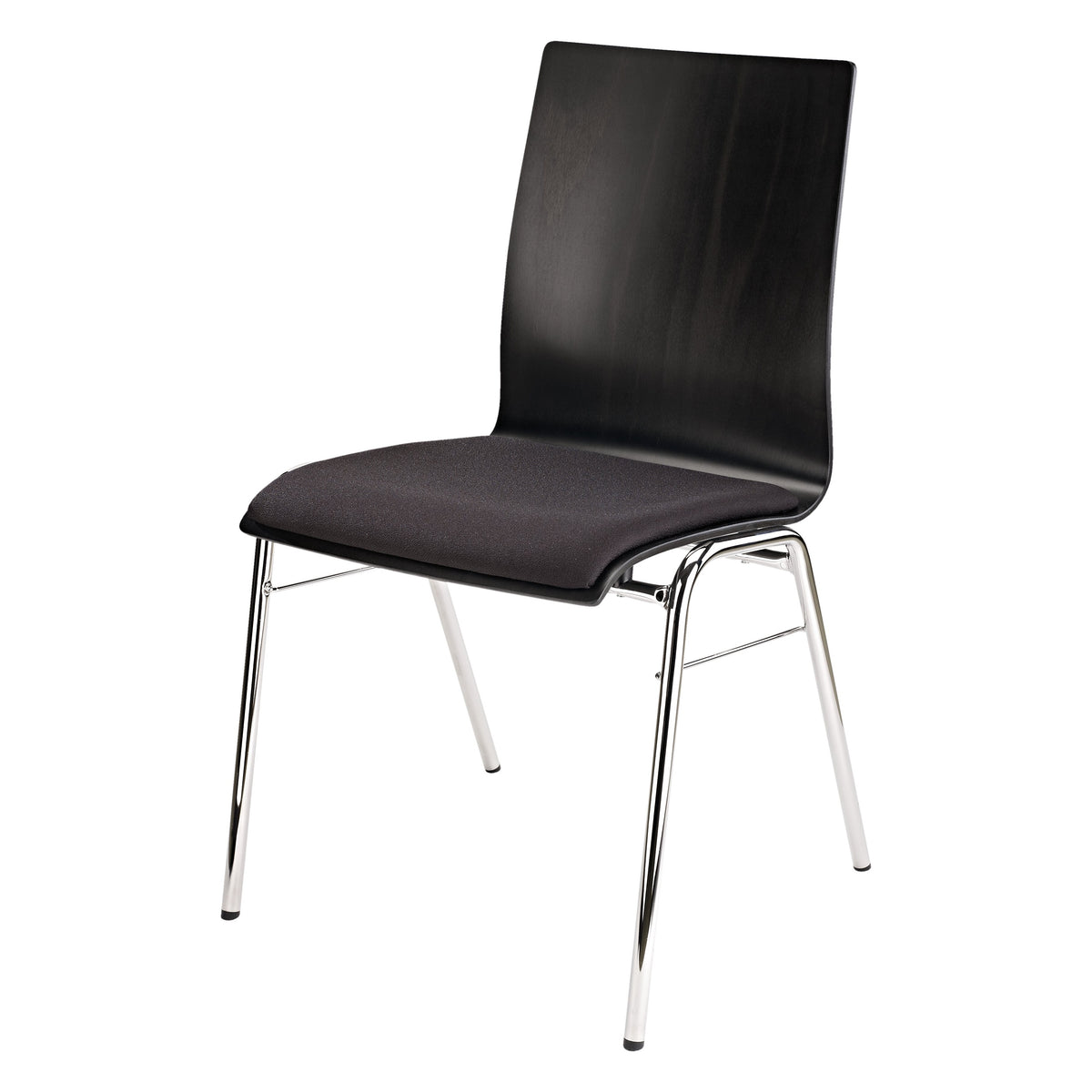Stacking chair three-quarter front view with black cushioned seat, curved black wood backrest and chrome tube frame, K&M