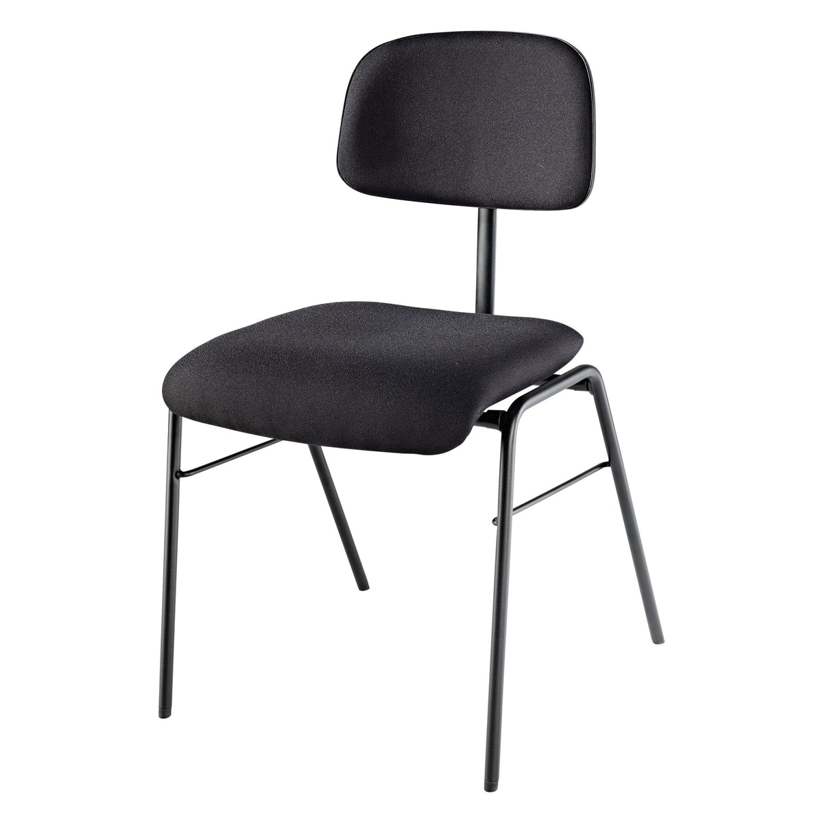 13420 musician's chair three-quarter front view with black upholstered seat and backrest on black steel frame with cross braces, K&M