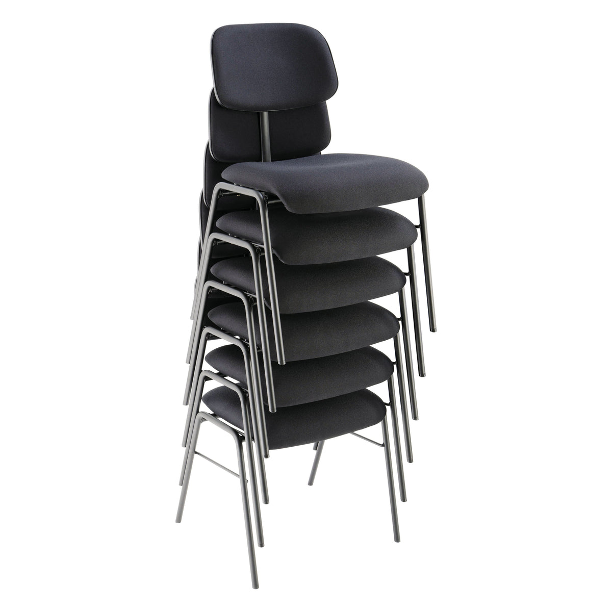 13420 musician's chair stacked in a tall column of six showing the stackable steel frame and nested upholstered seats, K&M