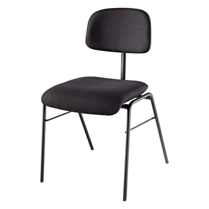 13430 orchestra chair three-quarter front view with black upholstered seat and backrest on a black tubular steel frame, K&M