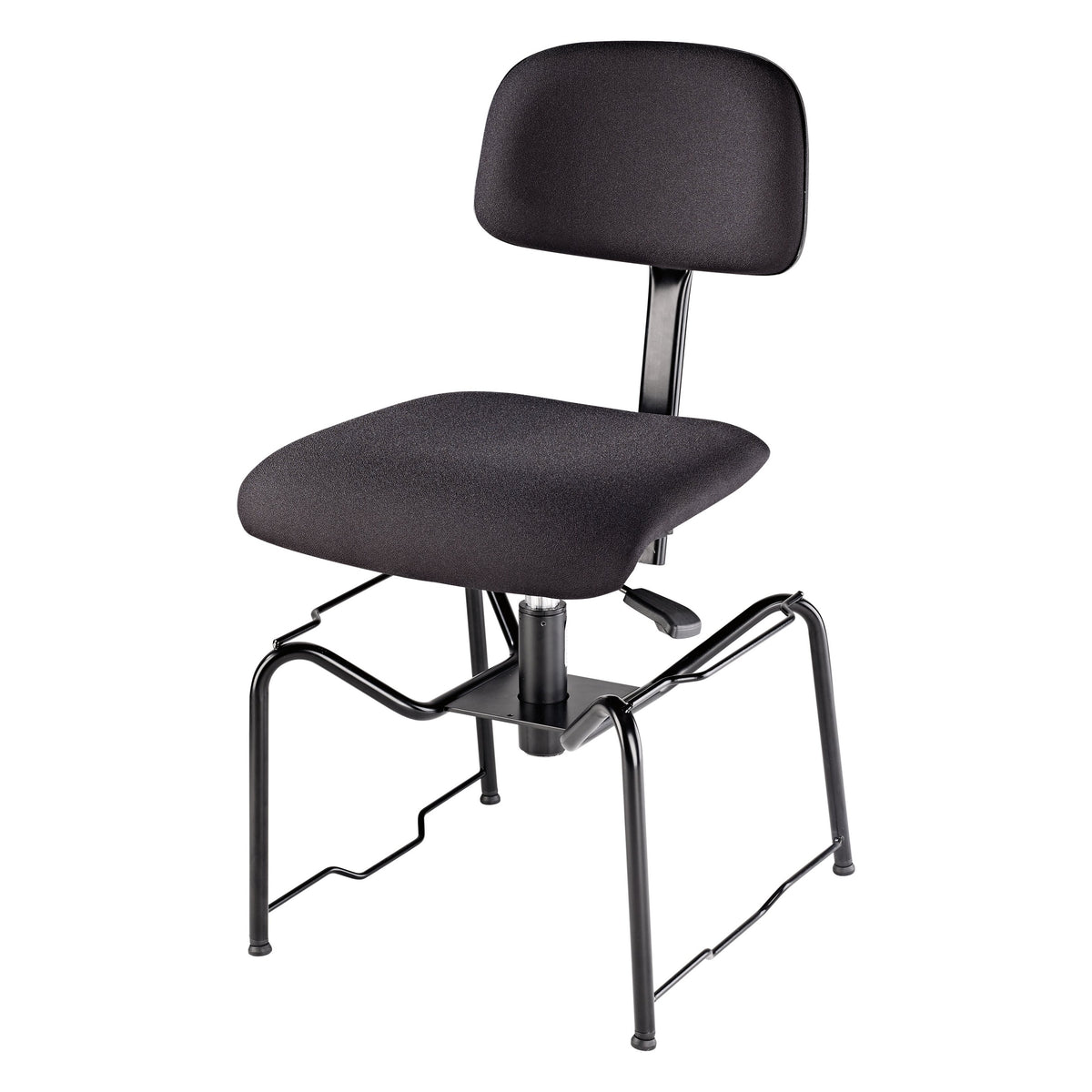 13440 orchestra chair three-quarter front view with black fire-resistant upholstered seat and backrest on pneumatic column, K&M