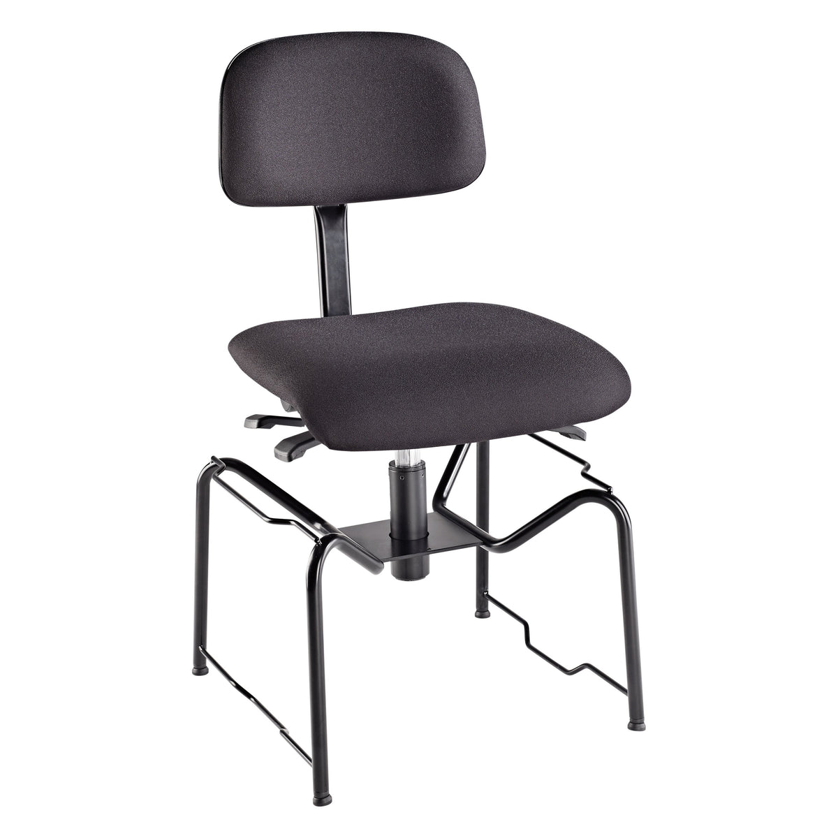 13440 orchestra chair opposite three-quarter angle showing height adjustment levers under seat and black steel tube frame, K&M