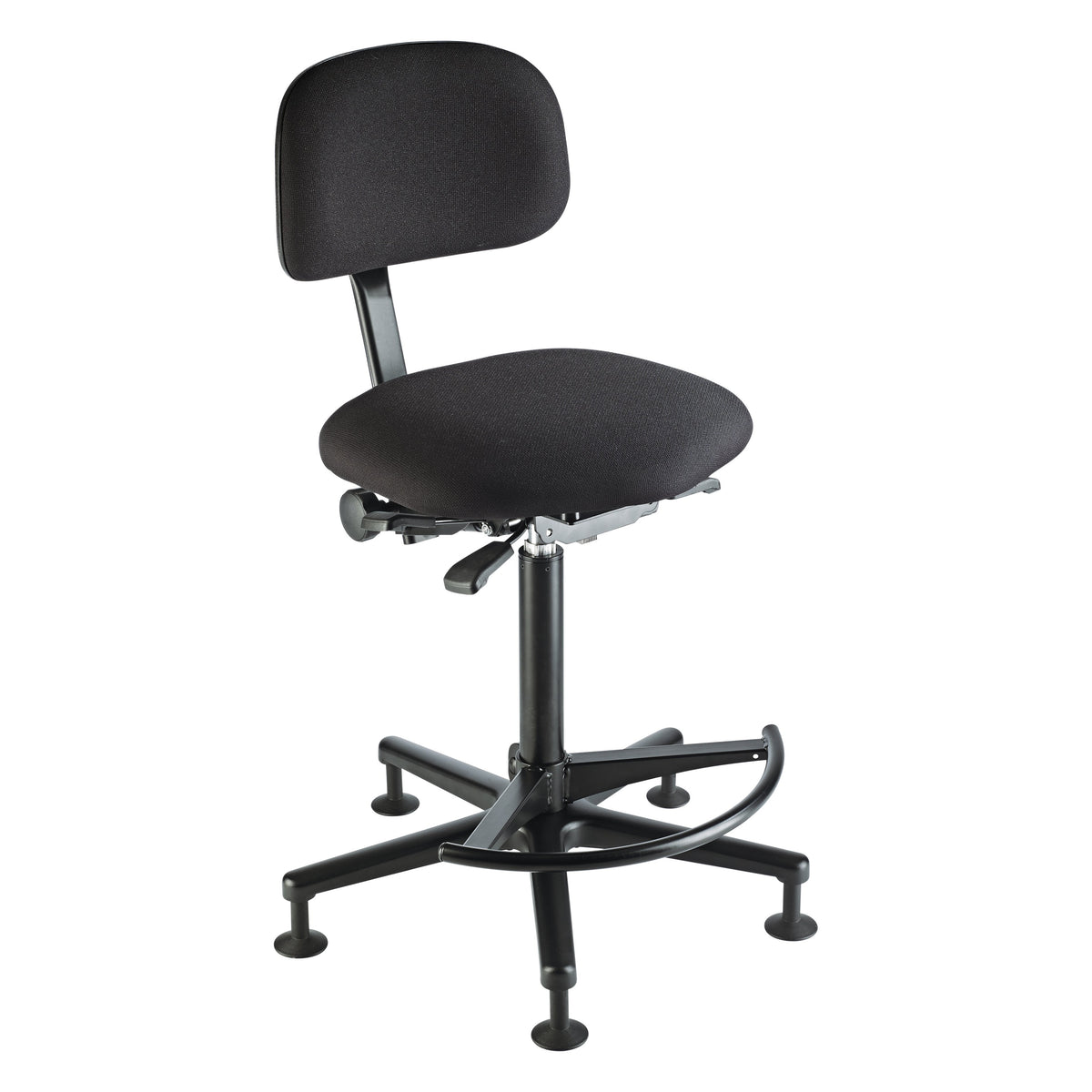 13460 adjustable bass stool front three-quarter view with black upholstered seat and backrest and semicircular footrest ring at the front, K&M