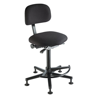 13460 adjustable bass stool front three-quarter view with black upholstered seat and backrest and semicircular footrest ring at the front, K&M