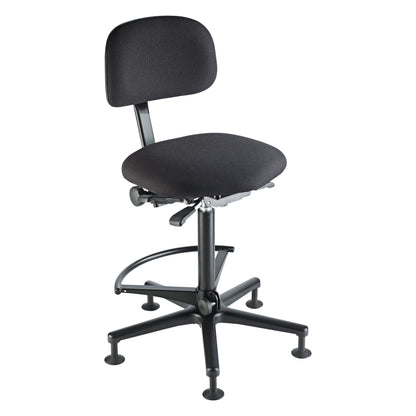 13460 adjustable bass stool three-quarter view with the footrest ring swung to the rear of the five-leg base, showing height adjustment lever and black glides, K&M