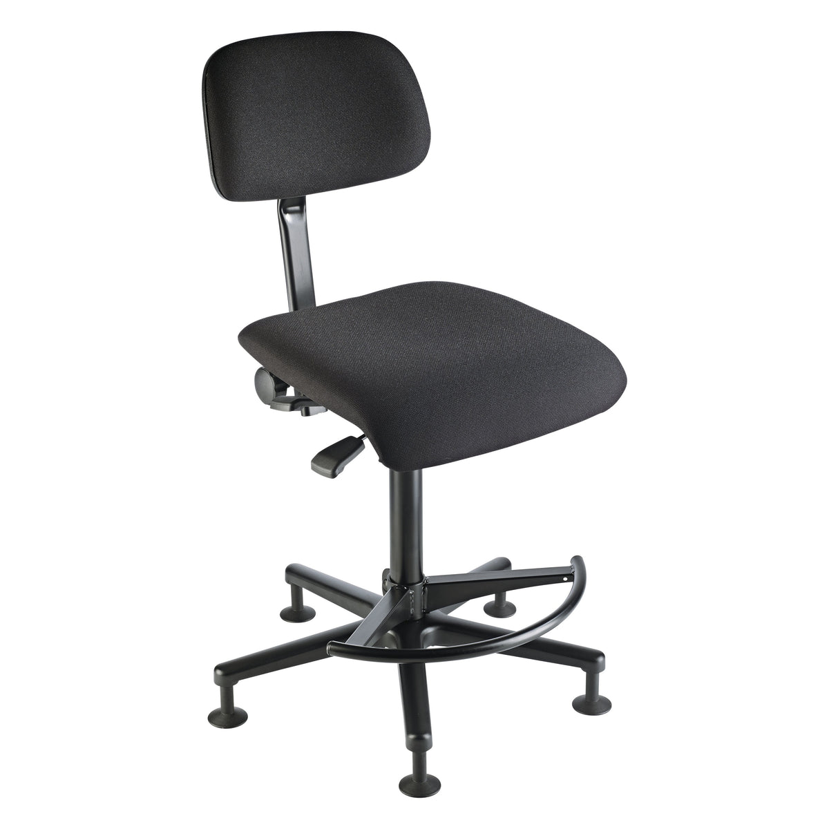 13480 kettledrum and conductor chair three-quarter front view with black upholstered seat and backrest, curved footrest ring and five-point base with floor glides, K&M