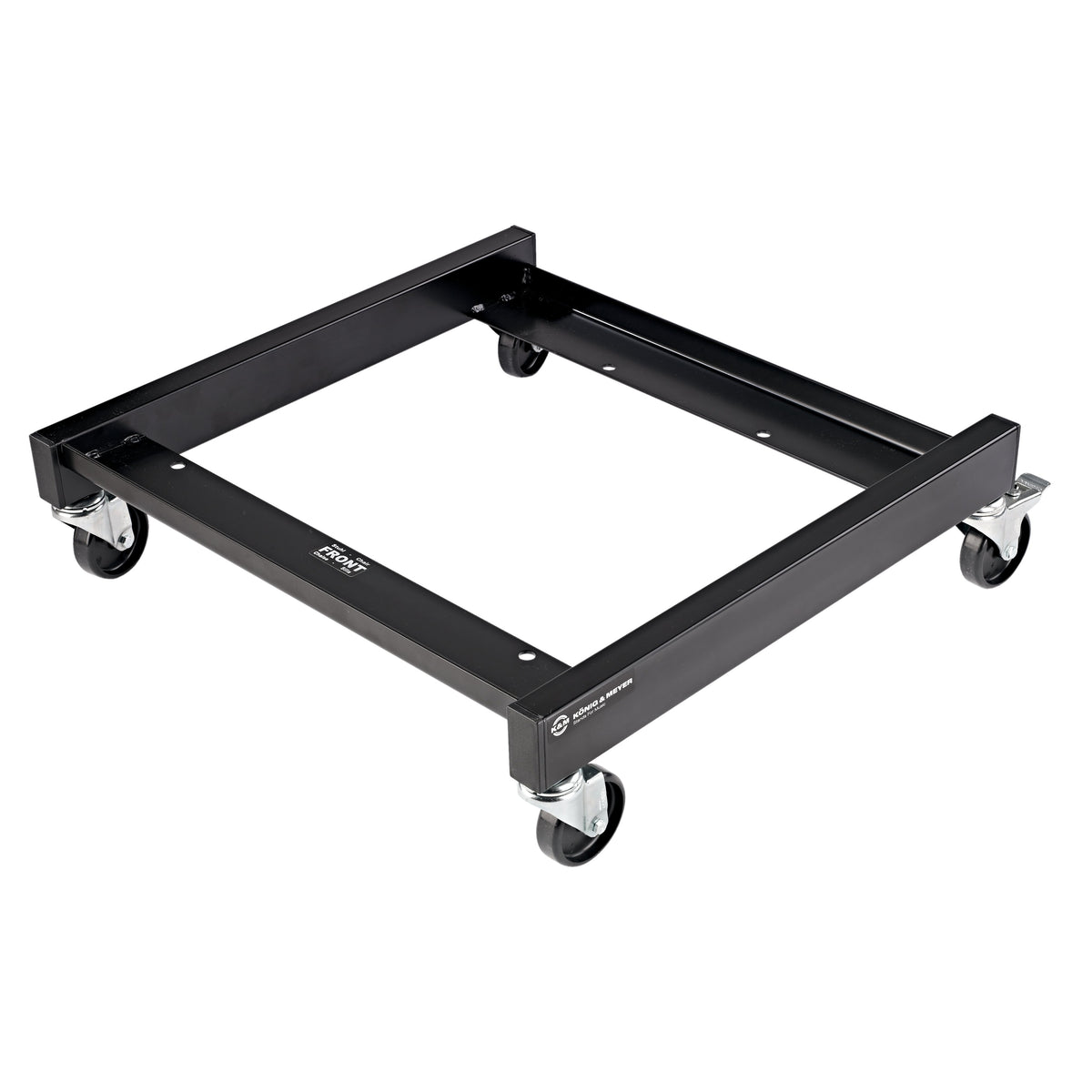 13490 musician chair transport cart, empty black steel frame at three-quarter angle with four swivel castors and locking brakes, K&M