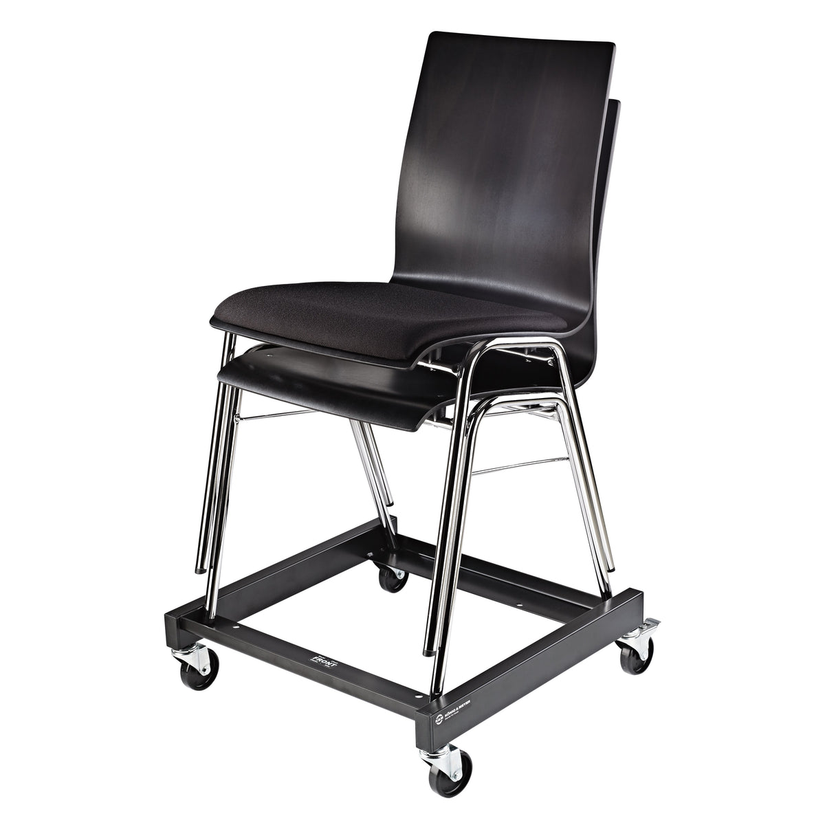 13490 musician chair transport cart in use carrying two stacked black chairs with chrome legs on locking castors, K&M