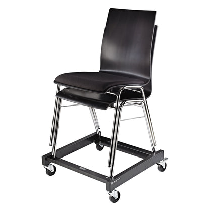 13490 musician chair transport cart in use carrying two stacked black chairs with chrome legs on locking castors, K&M