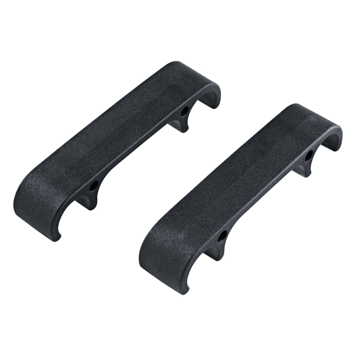 13495 chair connector set top view of two black plastic clamps with screw holes and curved tube cradles, K&M