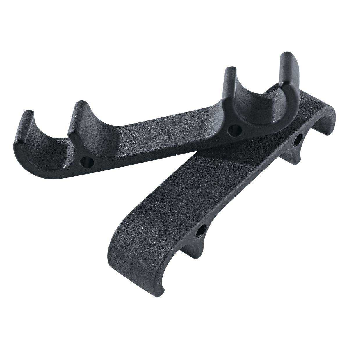 13495 chair connector angled view showing the double tube-clamp profile and screw holes on both black connectors, K&M