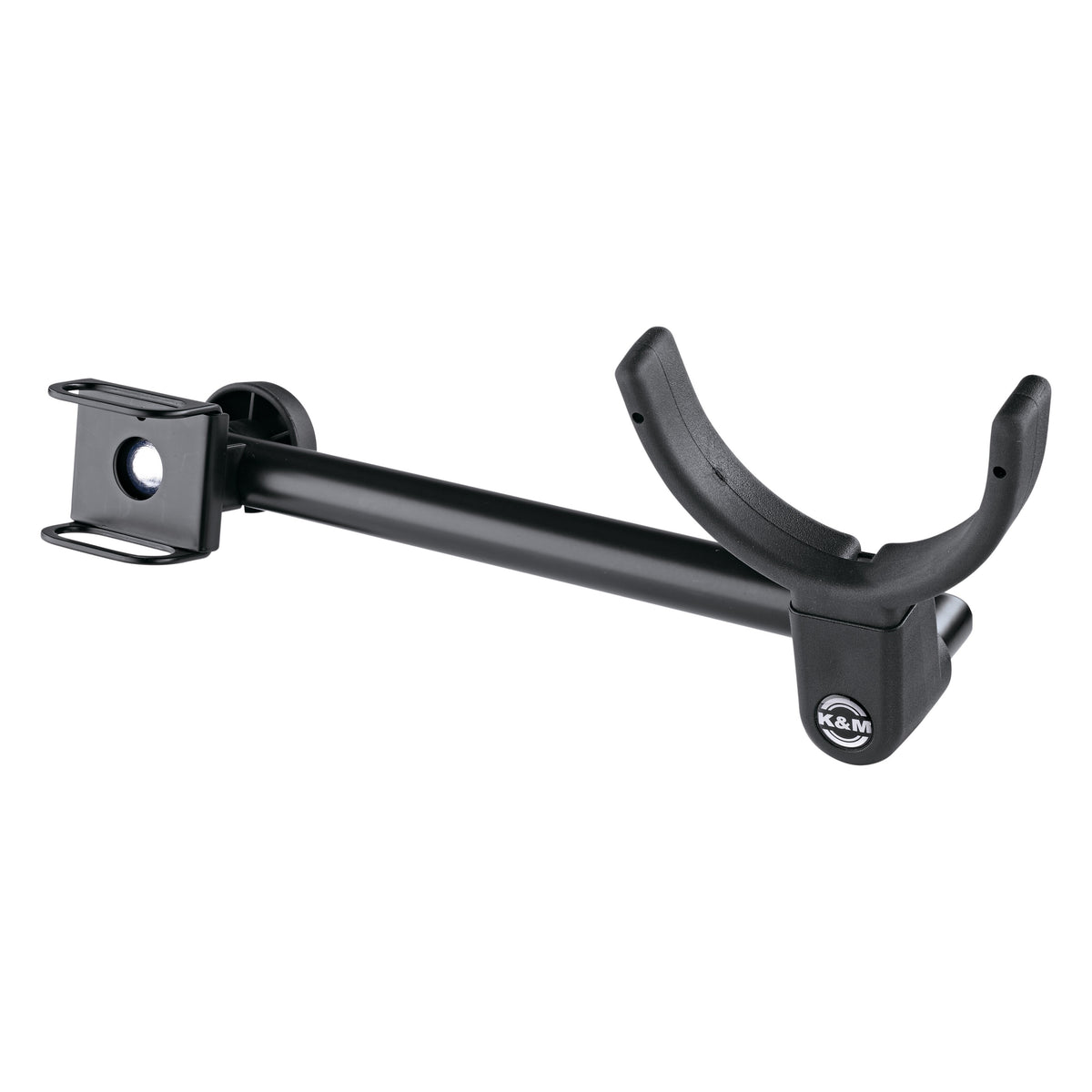 13497 double bass holder angled front view showing padded U-shaped cradle, steel arm and square clamp bracket with K&M logo, K&M