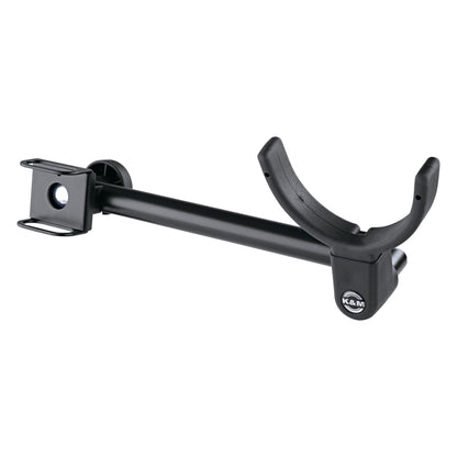 13497 double bass holder angled front view showing padded U-shaped cradle, steel arm and square clamp bracket with K&M logo, K&M