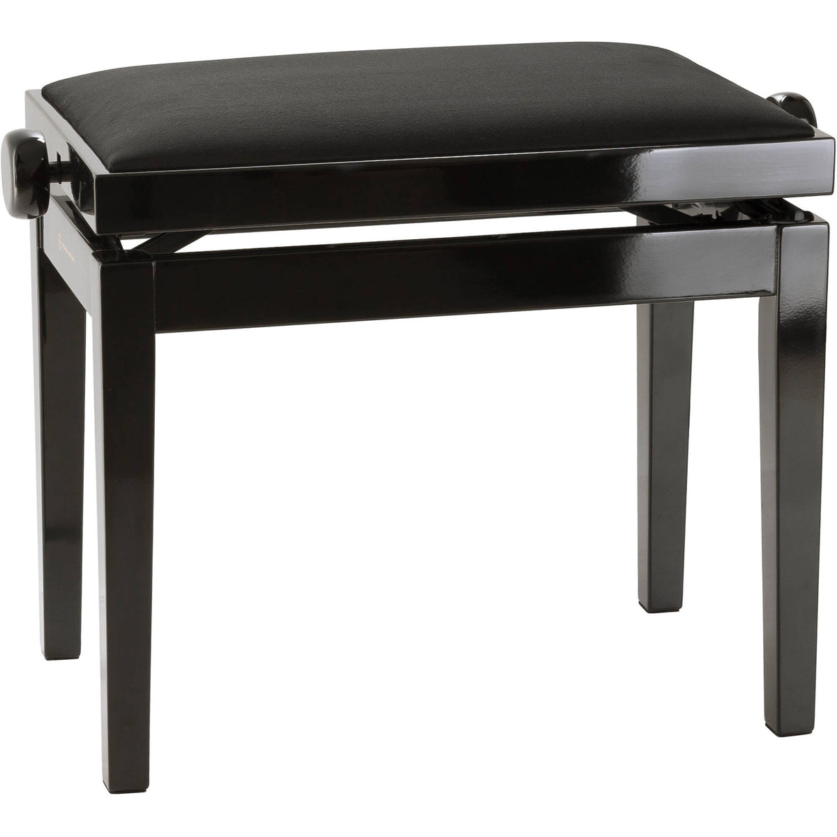 KM 13961.100.21 piano bench three-quarter view showing high-gloss black wood frame, height-adjustment knobs and padded black seat, K&M