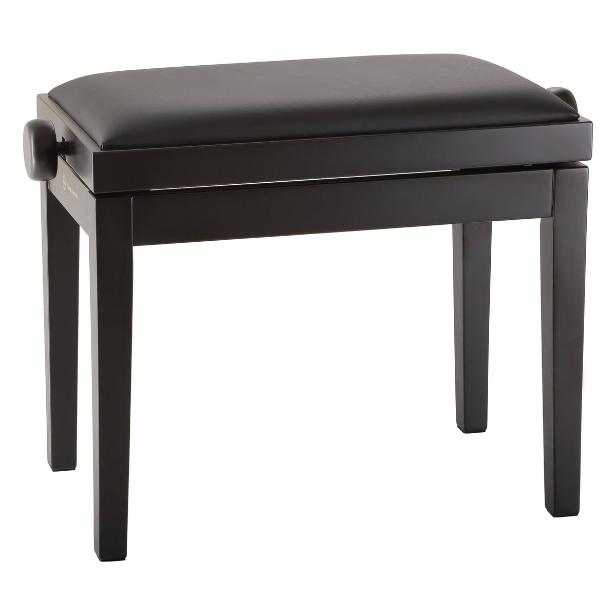 Height-adjustable piano bench front three-quarter view with black matte imitation leather seat, matte black beech legs and side adjustment knobs, K&M