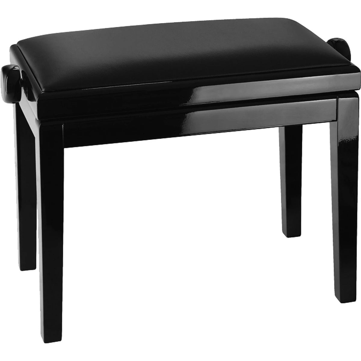 KM 13990.200.21 piano bench three-quarter view showing high-gloss black wood frame and padded black vinyl seat with height-adjustment knobs, K&M