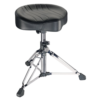 14000 Gomezz drummer's throne front three-quarter view with black ribbed saddle seat on chrome tripod base, K&M