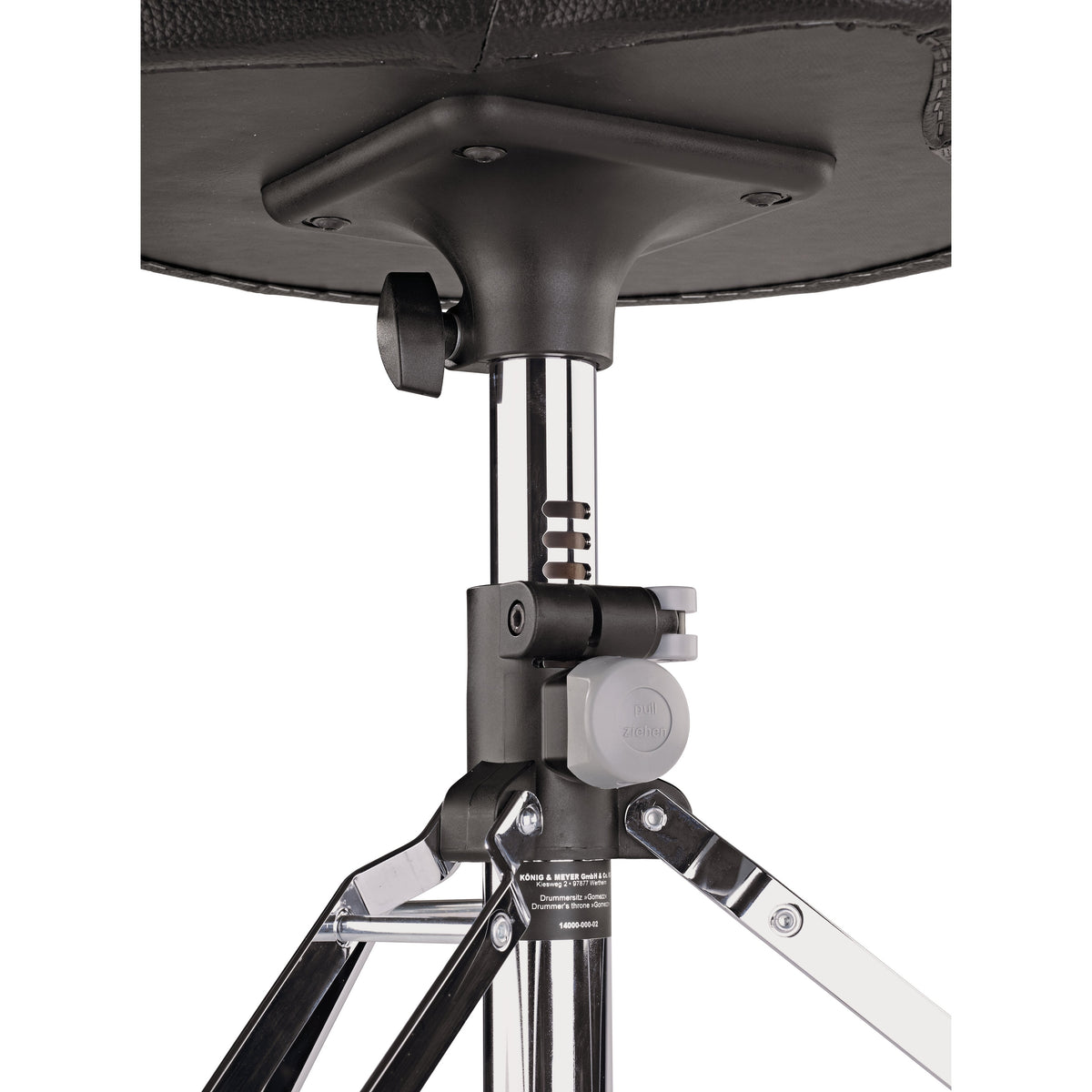 14000 Gomezz drummer's throne height adjustment detail showing grey pull-release clamp, seat mounting plate and chrome tube, K&M