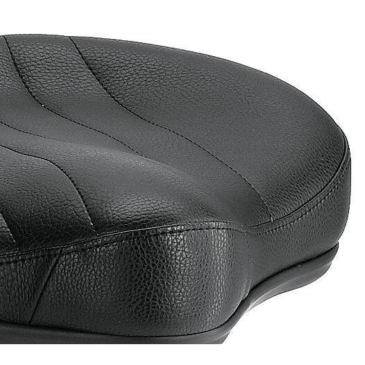 14000 Gomezz drummer's throne close-up of black grained leatherette saddle seat with contrast stitching and ribbed top, K&M