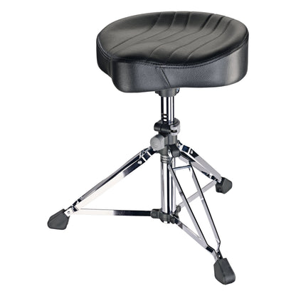 14000 Gomezz drummer's throne side angle view showing chrome double-braced tripod legs and rubber feet, K&M