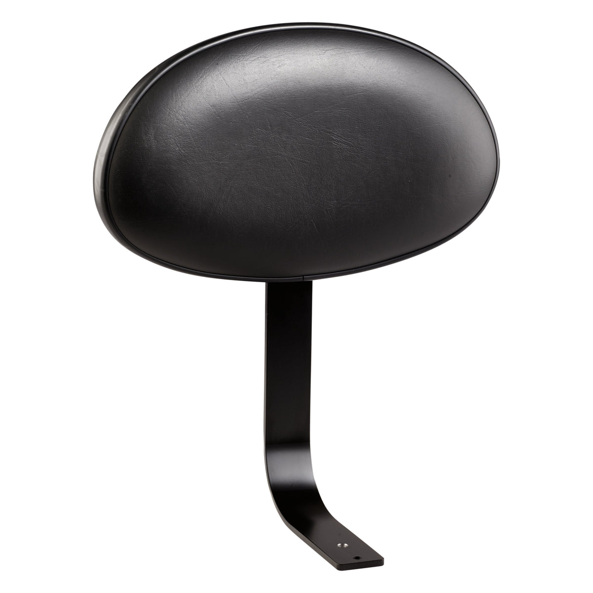 14032 drummer backrest front view with oval black imitation leather cushion and curved black steel mounting arm with bolt hole, K&M