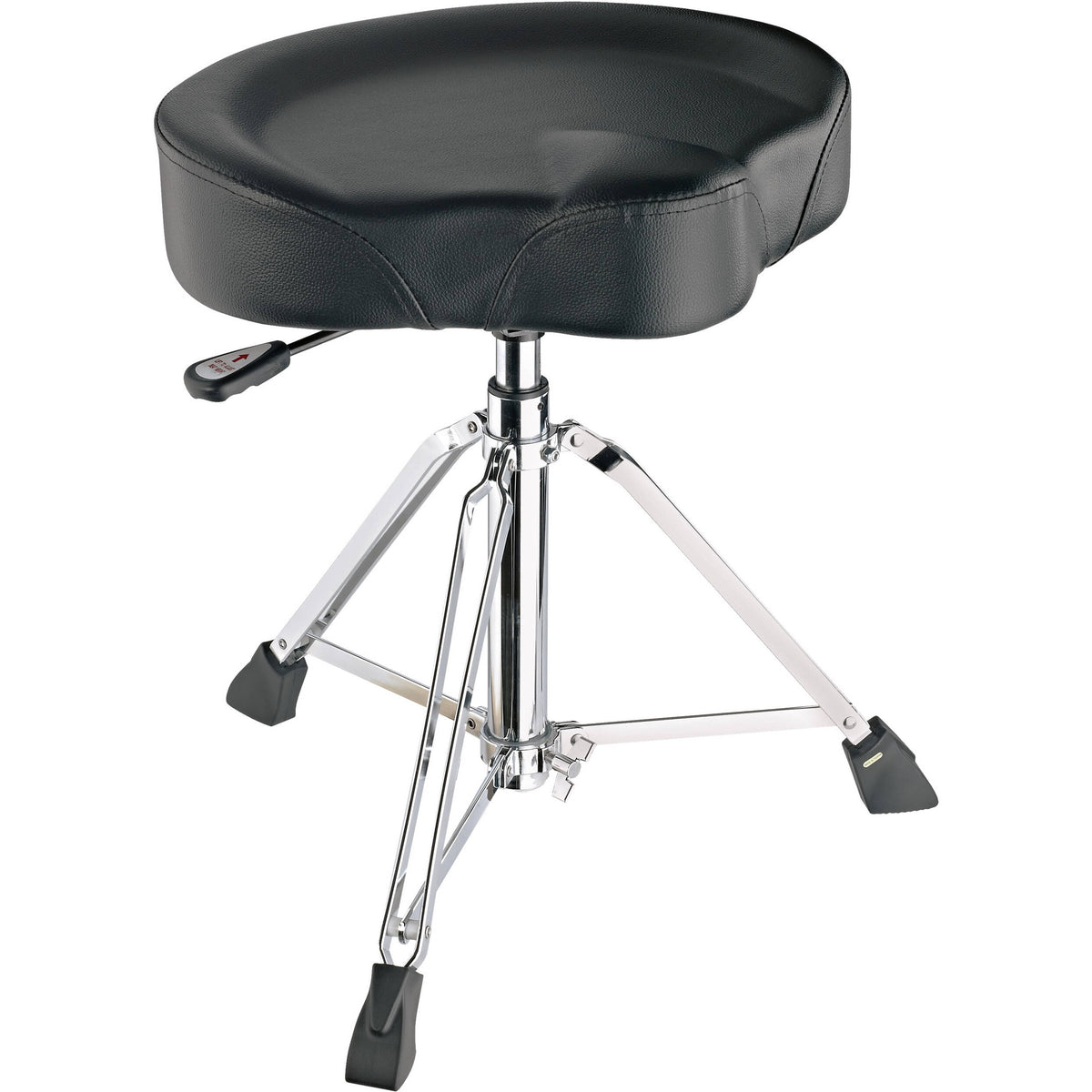 KM 14035.000.02 drum throne angled view with saddle-shaped black seat, pneumatic height lever and chrome double-braced tripod base, K&M