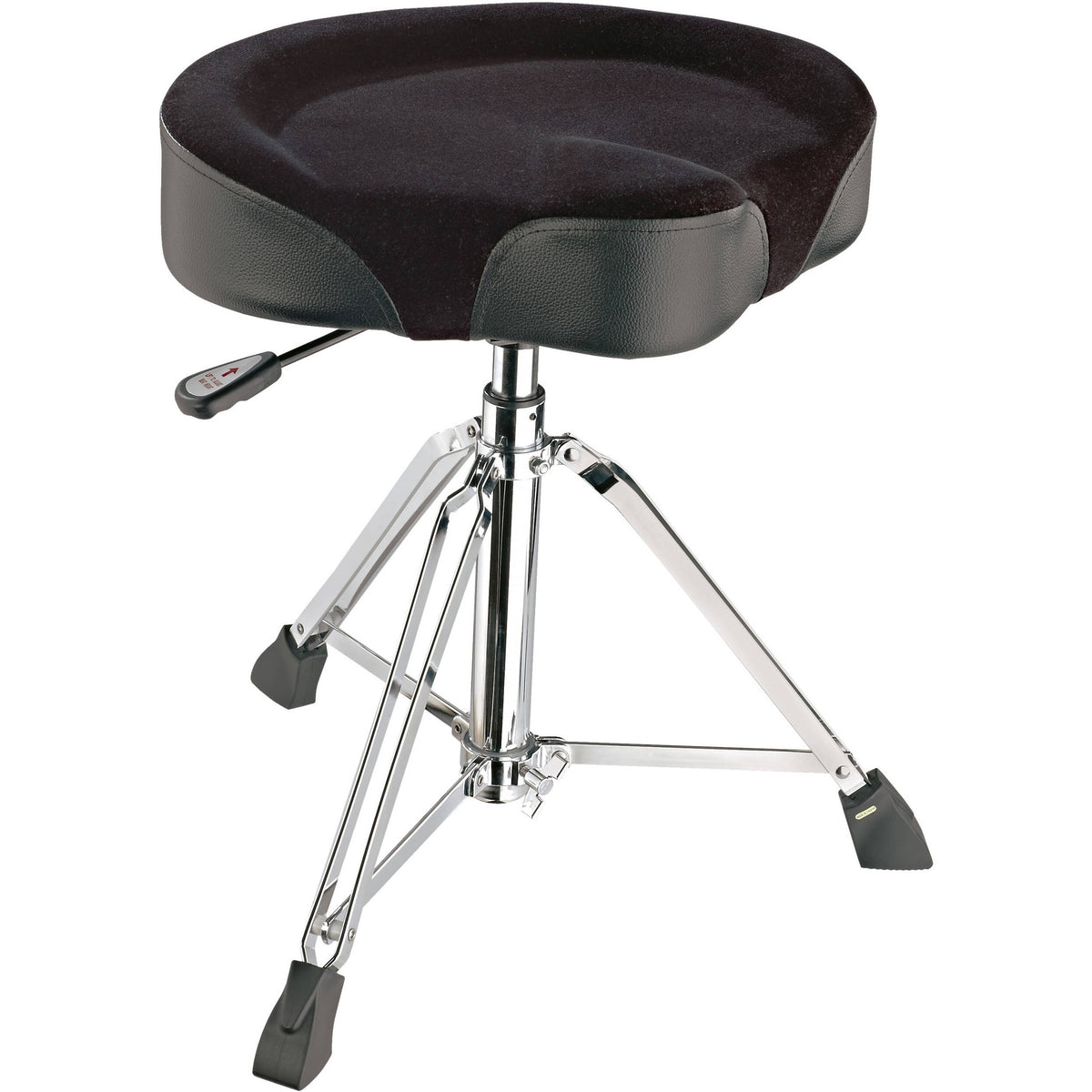 KM 14036.000.02 drum throne full view with contoured saddle seat, pneumatic lift lever and chrome double-braced tripod base, K&M