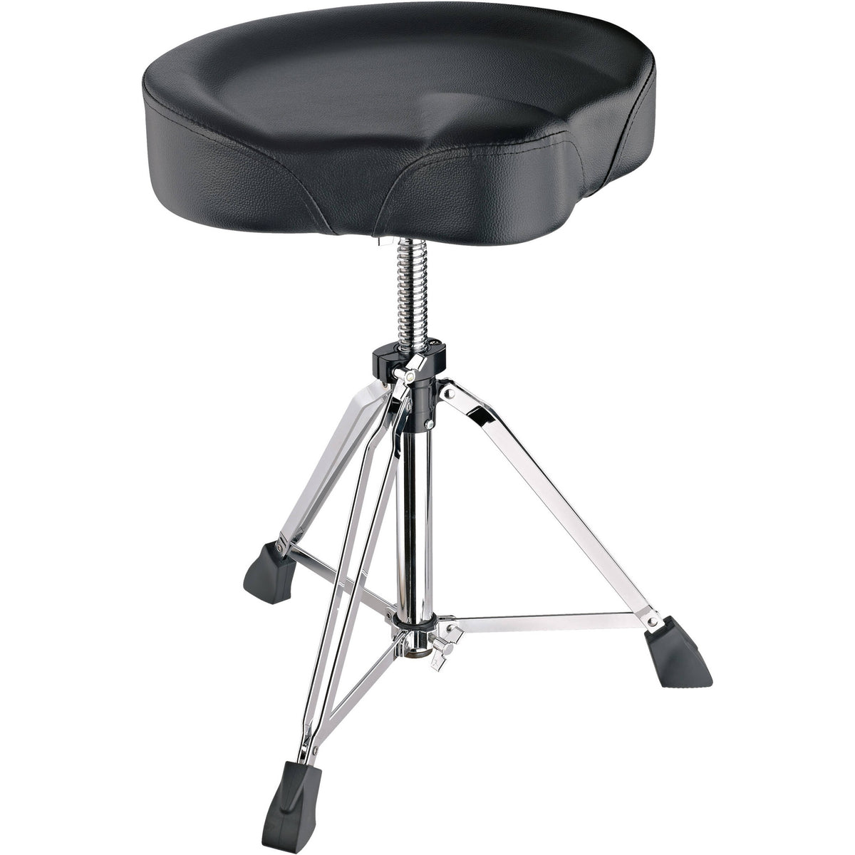 KM 14038.000.02 drummer's throne full view with contoured saddle seat on chrome double-braced tripod base, K&M