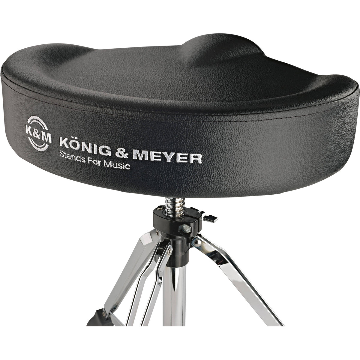 KM 14038.000.02 seat detail showing Konig & Meyer Stands For Music logo on black leather-look upholstery and spring height adjuster, K&M