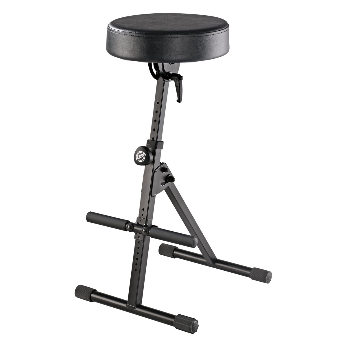 14060 musician stool full view with round black padded seat, height-adjustable steel column and footrest bars, K&M