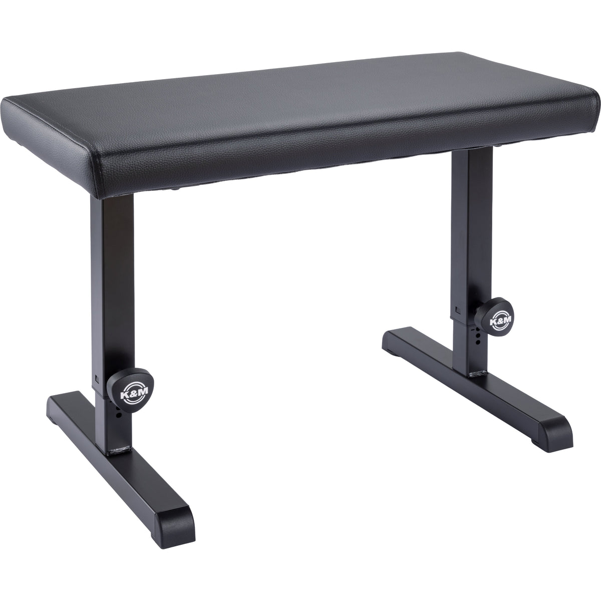 14085 adjustable piano bench three-quarter front view with black imitation leather seat and T-shaped steel feet with K&M height-adjustment knobs, K&M
