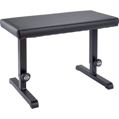 14085 adjustable piano bench three-quarter front view with black imitation leather seat and T-shaped steel feet with K&M height-adjustment knobs, K&M