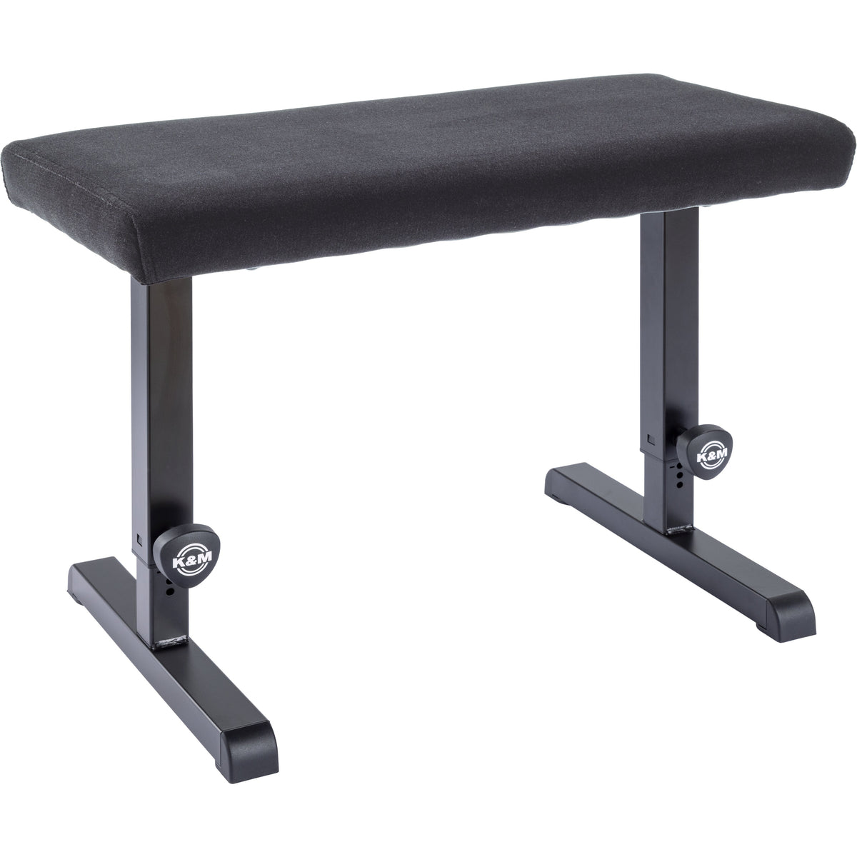 14086 adjustable piano bench full view with black fabric seat, T-shaped steel legs and K&M height clamp knobs, K&M