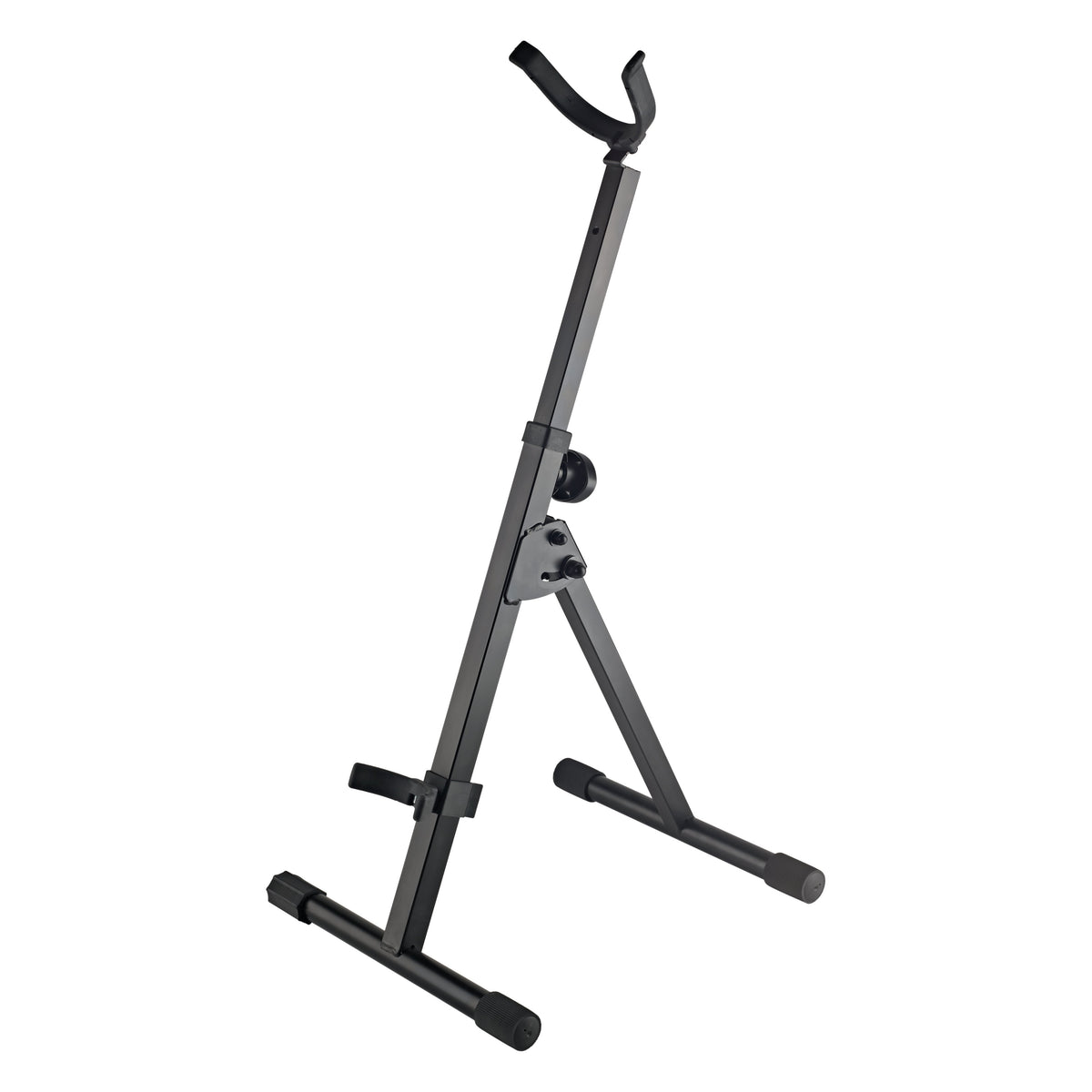 14415 baritone saxophone stand front three-quarter view, deployed with padded curved bell support, black A-frame legs and T-shaped feet, K&M