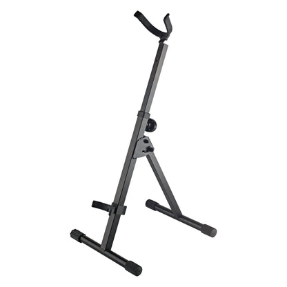 14415 baritone saxophone stand front three-quarter view, deployed with padded curved bell support, black A-frame legs and T-shaped feet, K&M