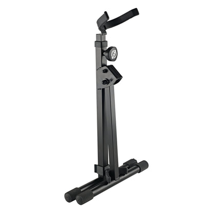 14415 baritone saxophone stand folded for storage with legs collapsed, showing height-adjustment knob, pivot bracket and padded bell support arm, K&M