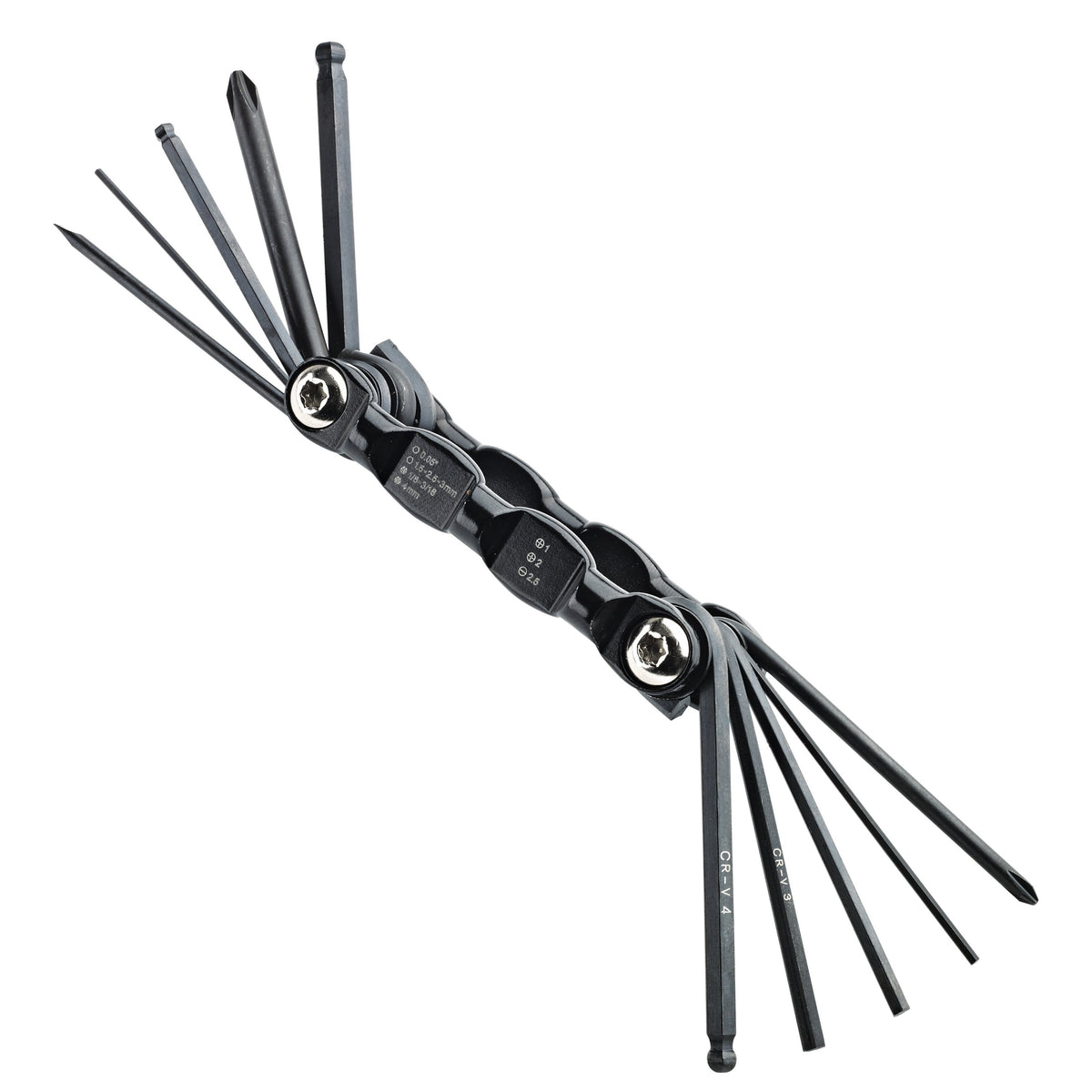 14585 guitar setup multi-tool with all hex, Phillips and slotted tool arms fanned open from the black handle, K&M